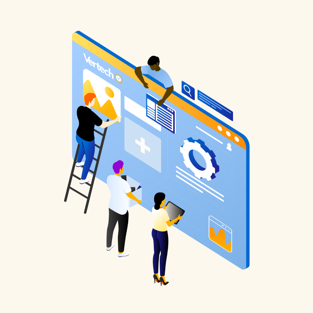Illustration of a group of people working together to build the UI for a webpage.