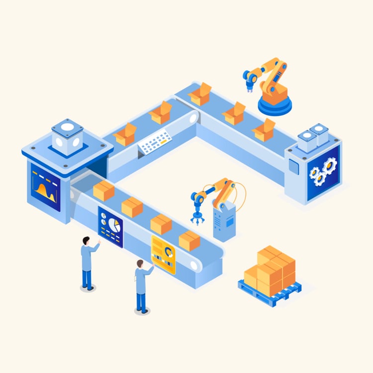 Illustration of a manufacturing plant, with various employees, charts and graphs, and robotic arms.