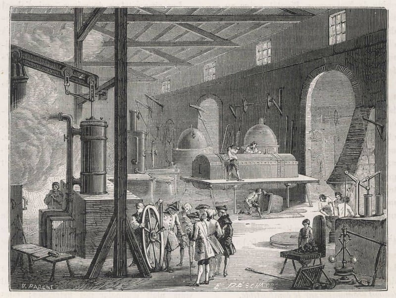 Black and white sketch of the inner workings of a factory during the First Industrial Revolution