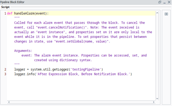 Pipeline block editor script dialogue box