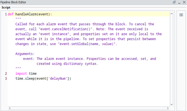 Screenshot of pipeline block editor showing code for dynamic delay