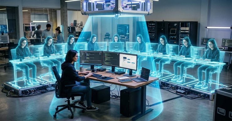 We call AI a 10x productivity multiplier, not a cost cutter. This image portrays a developer being replicated (AI-generated image of course).