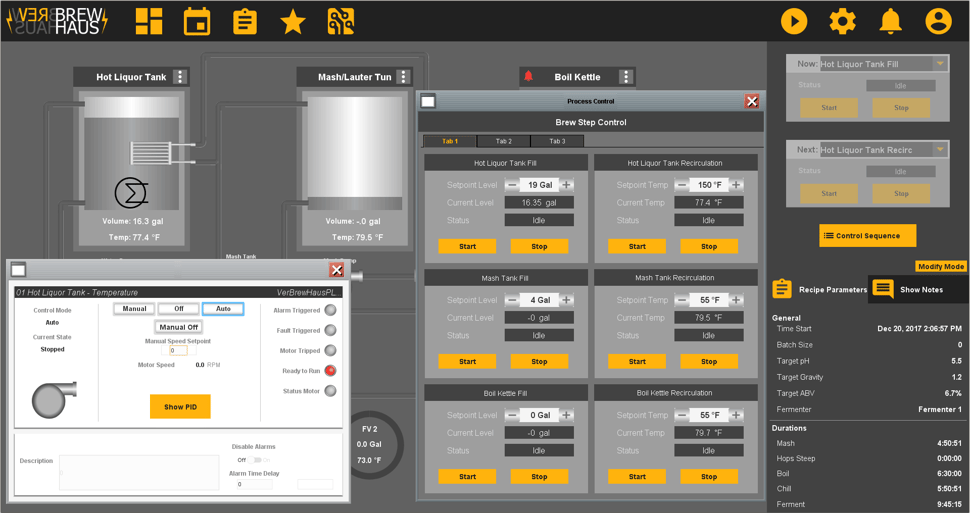 VerBrewHaus Nano-Brewery controls software screenshot.