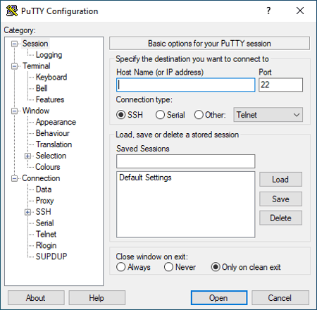 PuTTY Configuration Screen Example