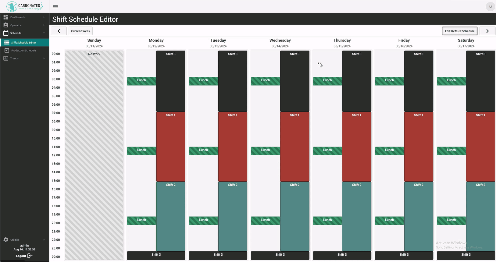 Shift Schedule Editor screenshot by Vertech for a global CSD beverage manufacturer.