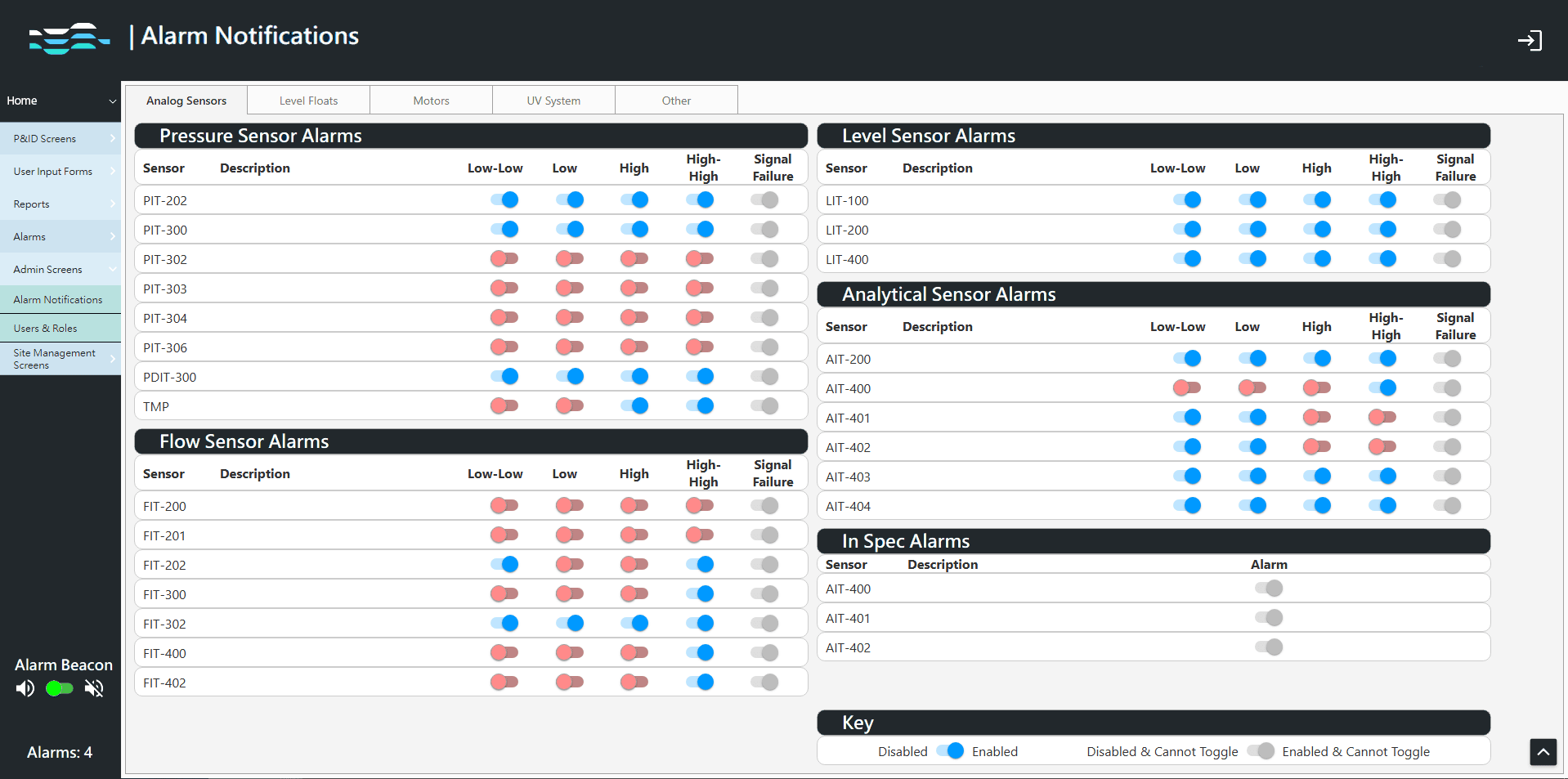 The Alarm Notification configuration screen of the user interface.