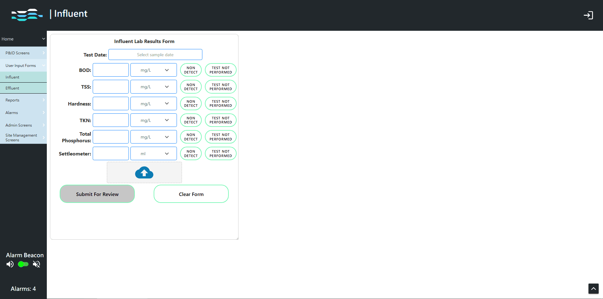 The Influent Lab Results Form screen for a sustainable water system.
