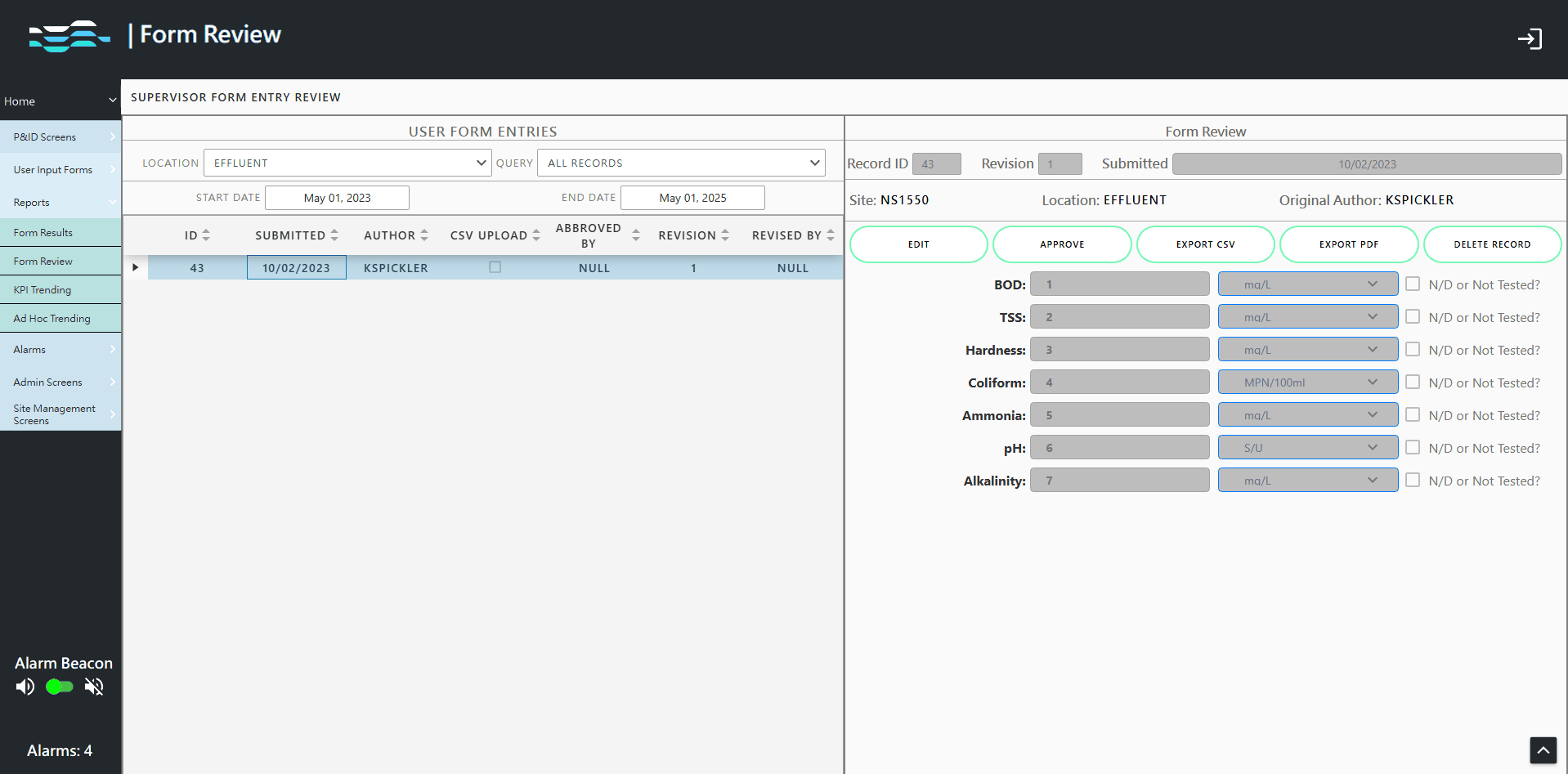 Supervisor Form Entry Review section (screenshot)