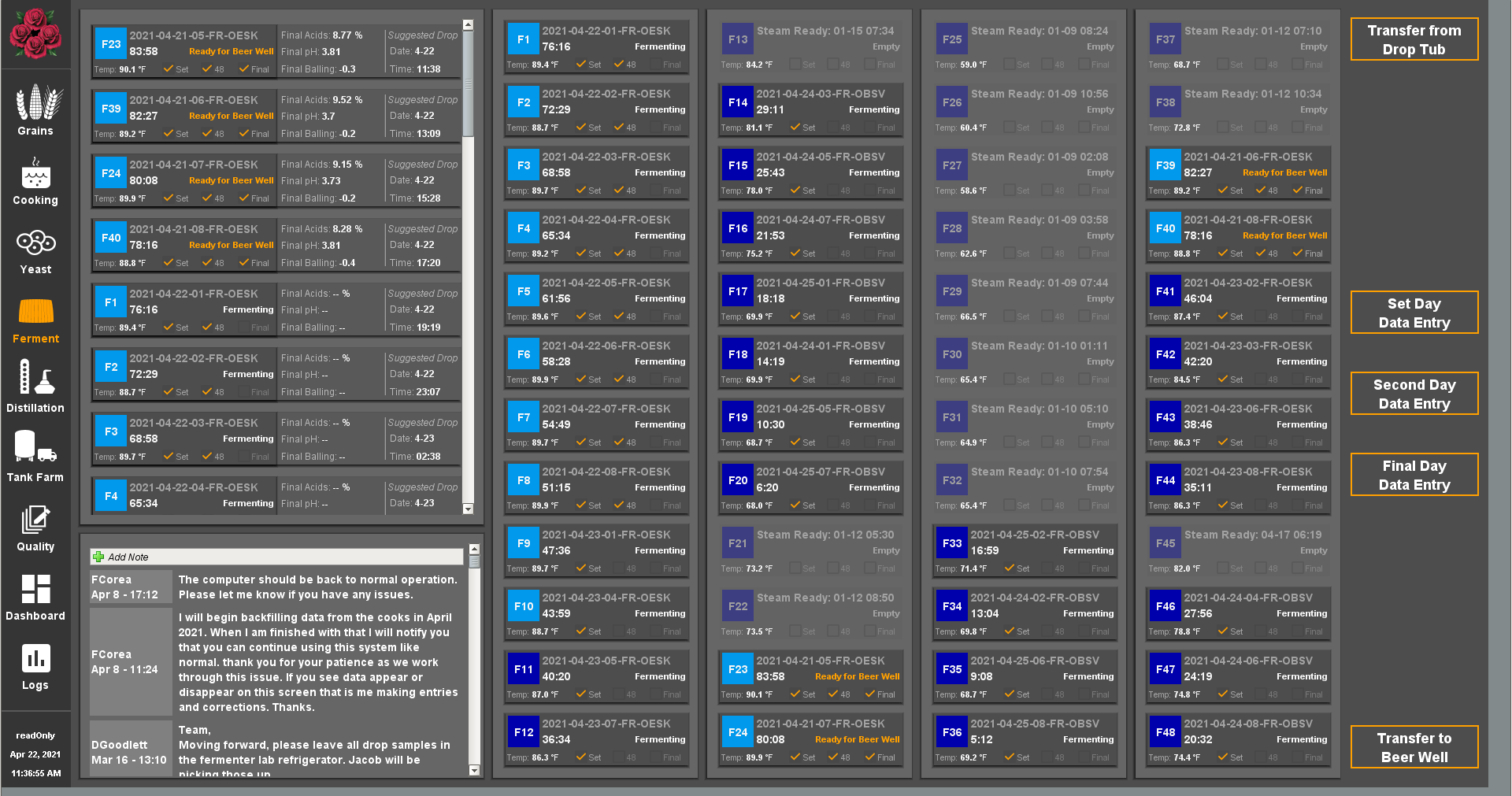 Four Roses Bourbon MES UI Fermenters Screen