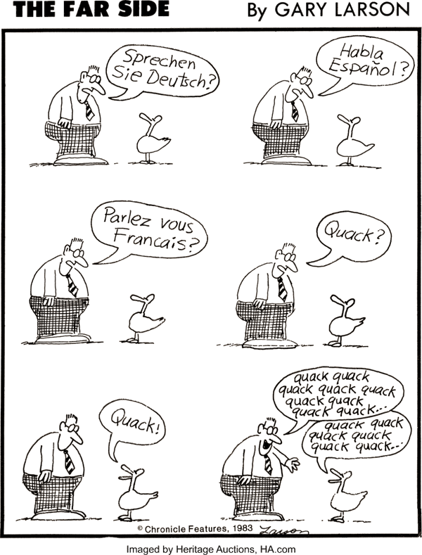 The Farside by Gary Larson comic strip of man talking to a duck