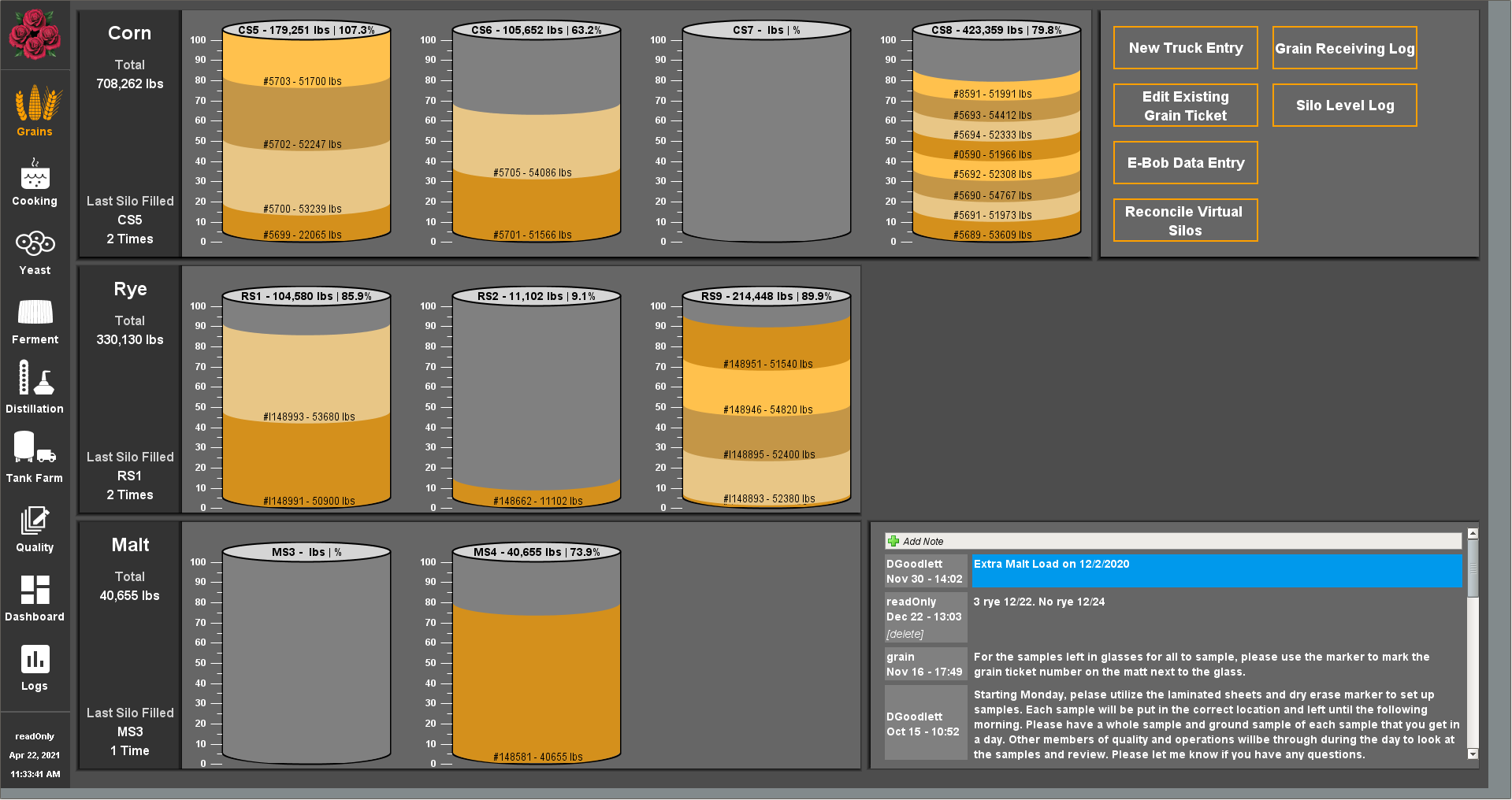 Four Roses Bourbon MES UI Grains Silos Screen