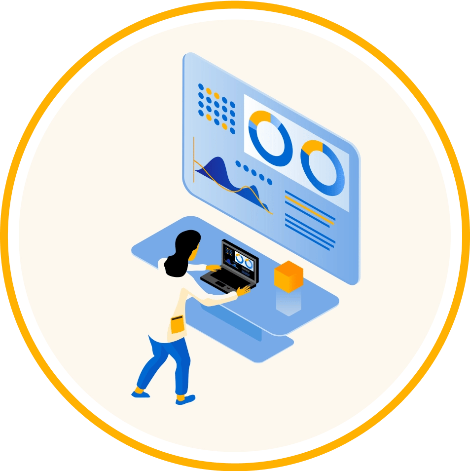An illustration of a person standing at a desk, looking at a laptop and a larger screen above them, both displaying various charts and graphs.