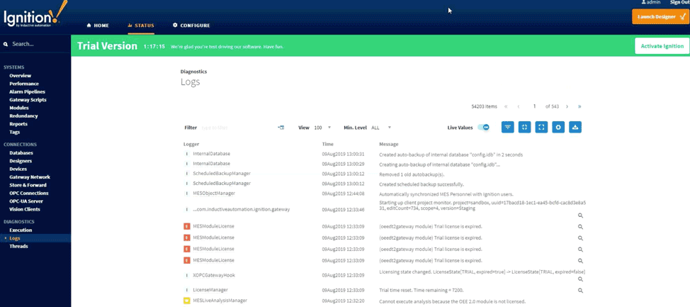 Ignition logger screenshot