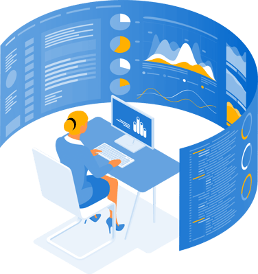 Illustration of woman sitting at a computer that shows a simplified version of all of the data behind it in real-time.
