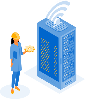 Illustration of a woman holding a gear and standing by a server representing the bridge between IT and operations technology.