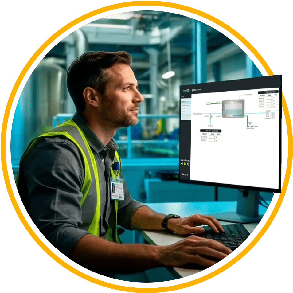 Operator reviewing industrial water control system