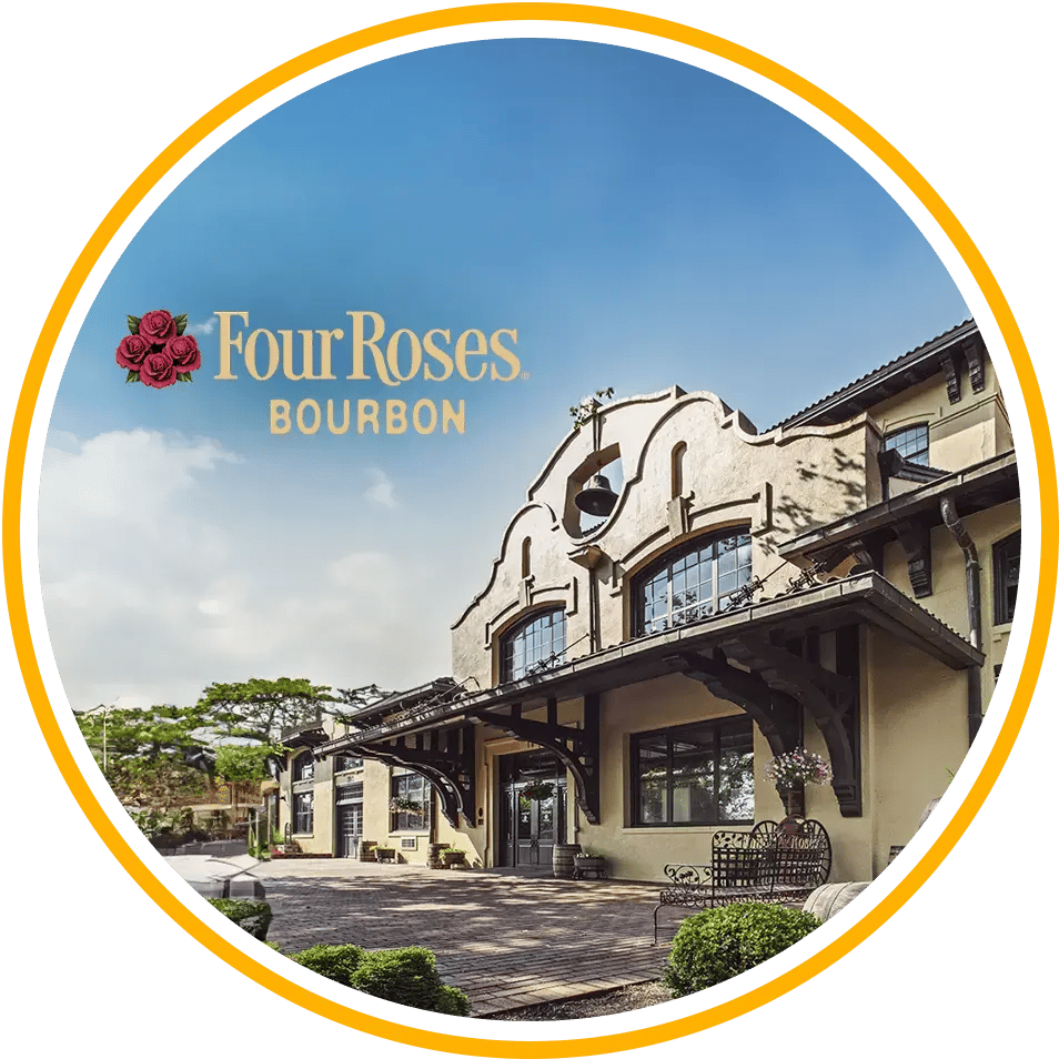 Four Roses Bourbon logo over photo of distillery