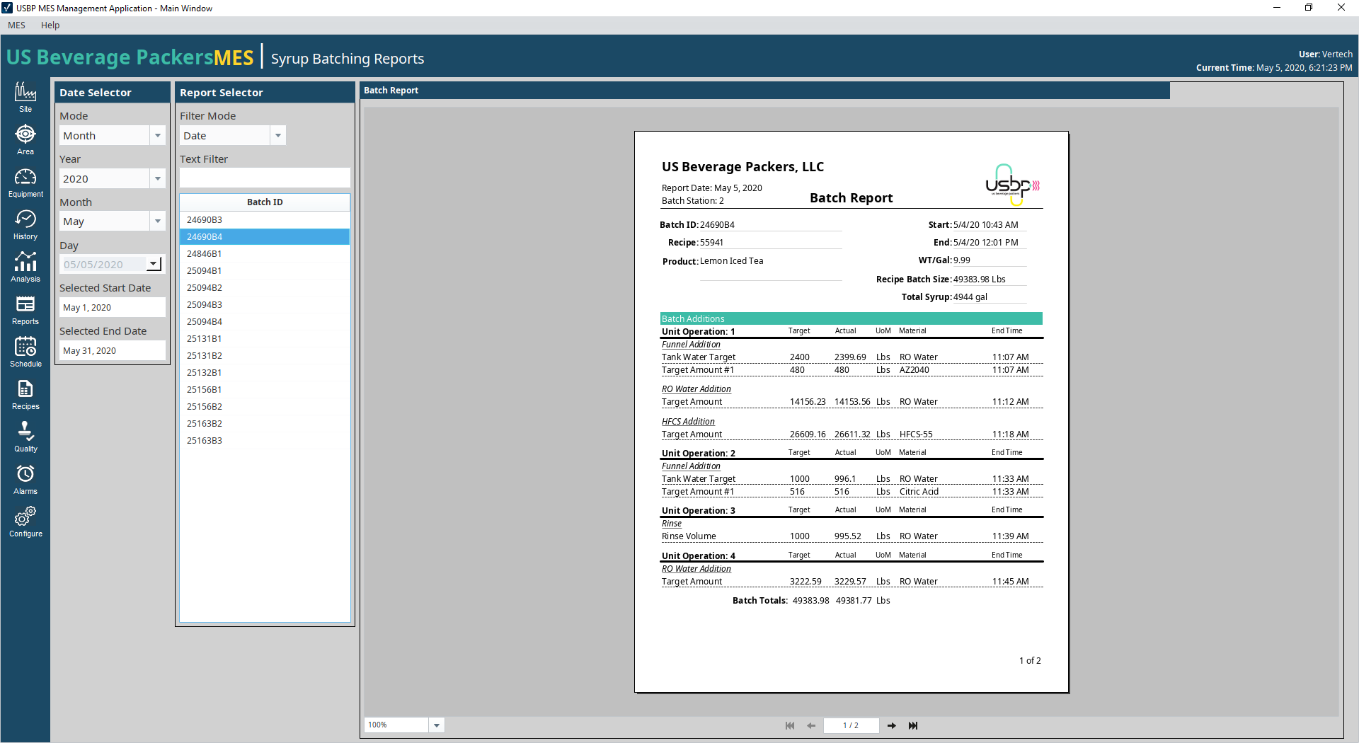 AriZona Beverage MES UI Batch System Reporting