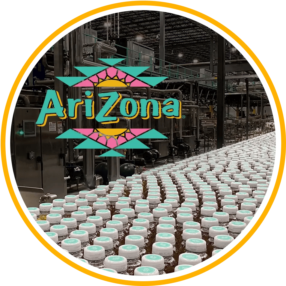 AriZona Beverage logo overlaid on bottle production photo