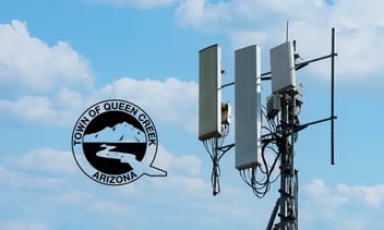 Logo for town of Queen Creek Arizona overlaid on photo of radio telemetry tower