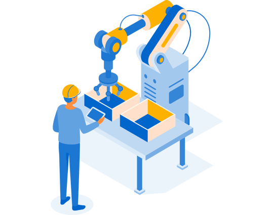 Illustration of man using a controls on the plant floor in front of a machine.