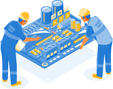 Illustration of two men in hard hats working together to build an industrial control panel.