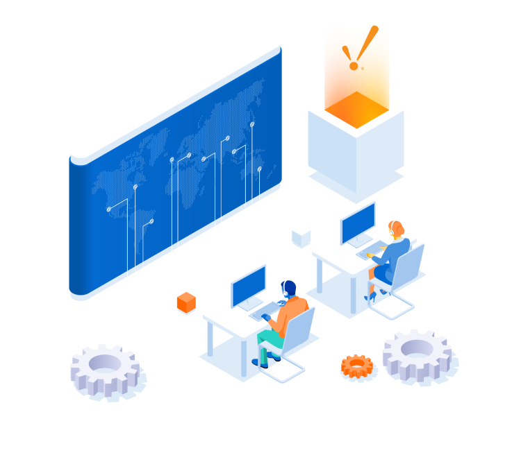 An illustration of Vertech team members working with technology to provide support for clients. 