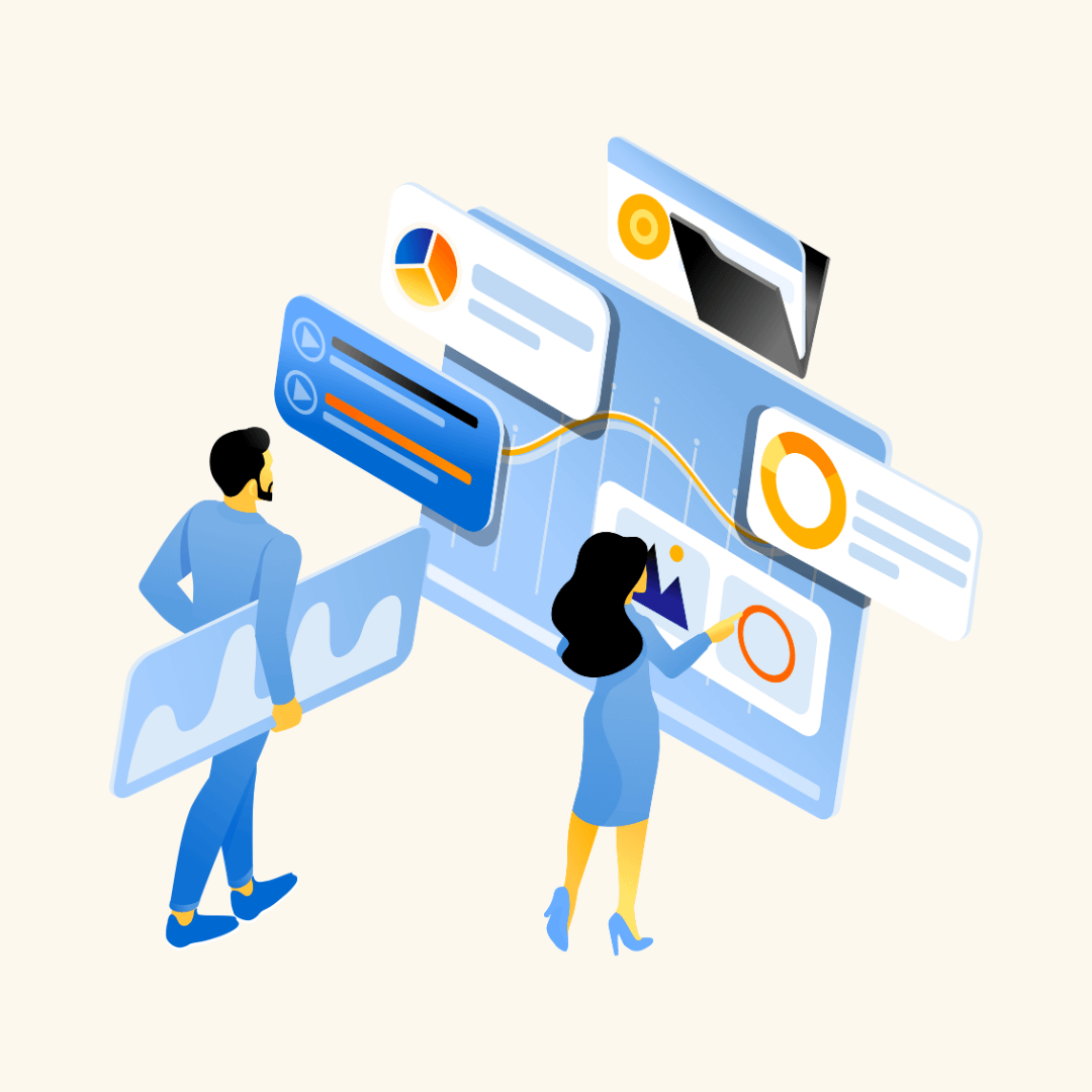 An illustration of two people looking at life-sized charts, graphs, and text. 