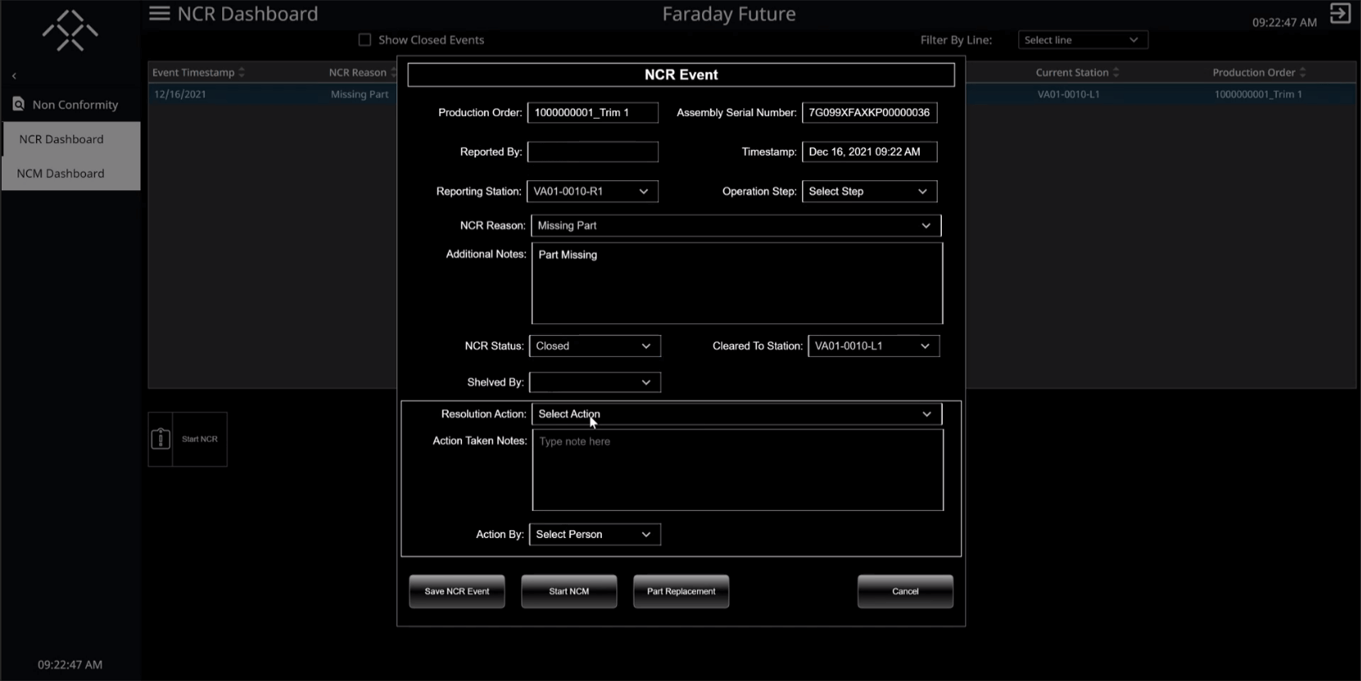 NCR dashboard created for Faraday Future.