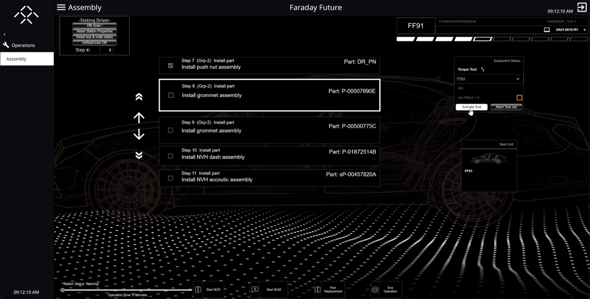 Assembly screen created for Faraday Future.