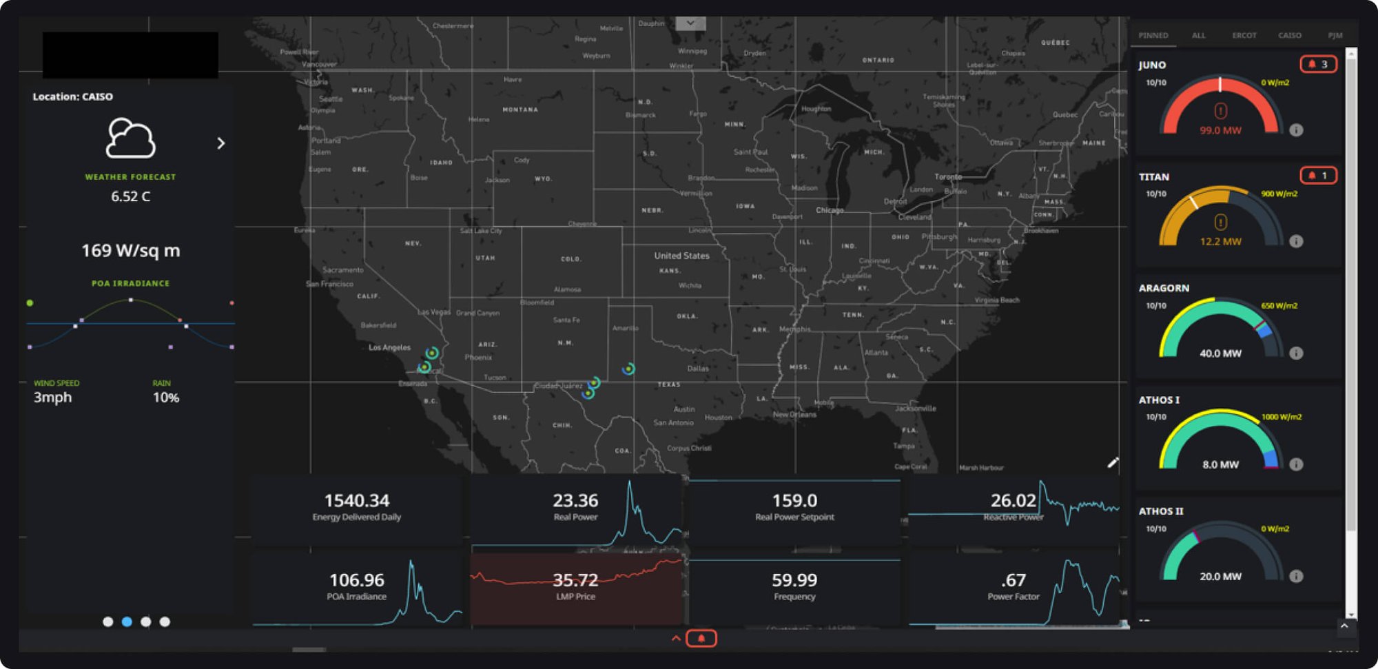 Map screen showing various solar power plant locations across the United States.