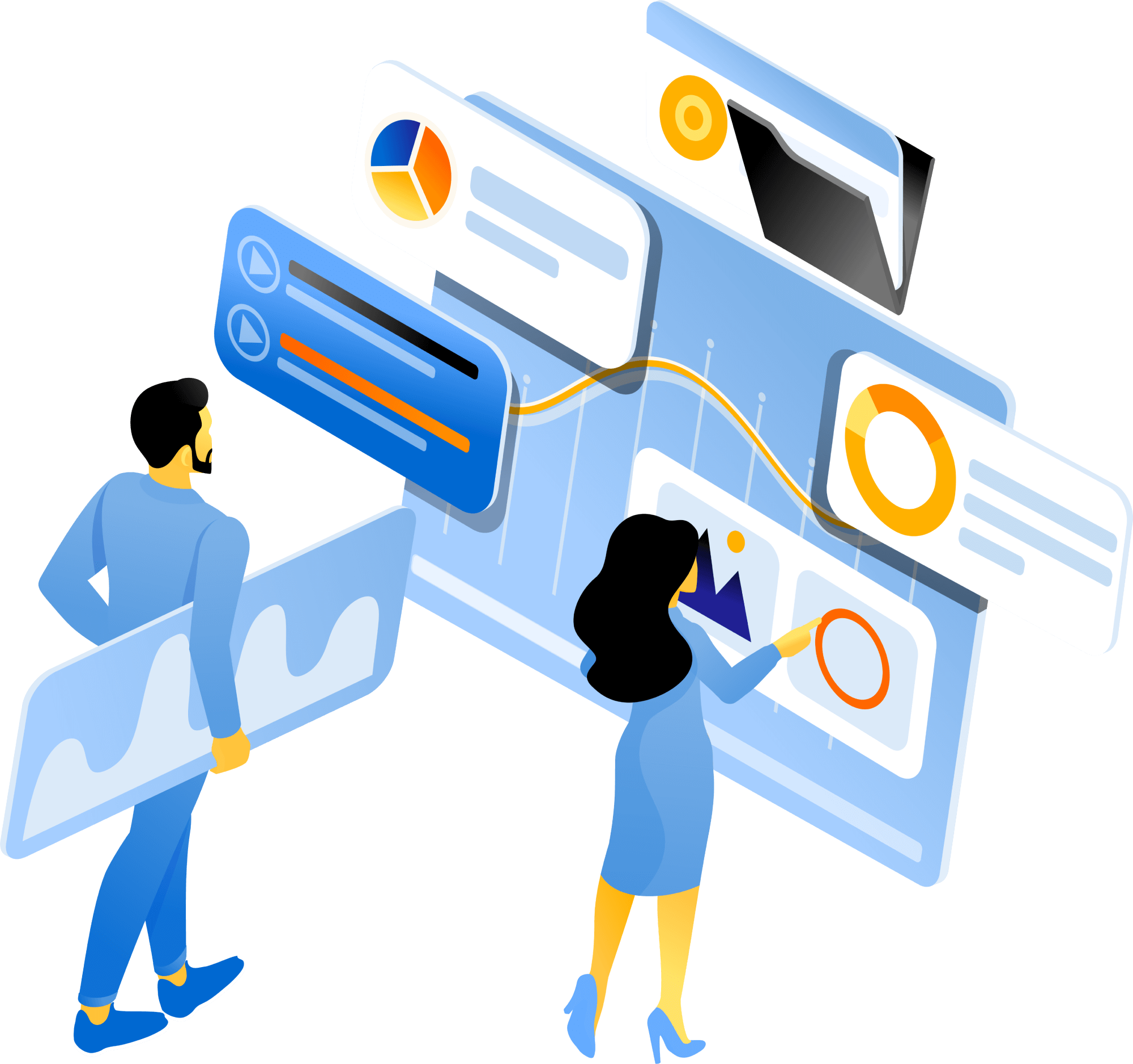 Illustration of a man and woman manufacturer looking at charts and graphs representing an automation project.