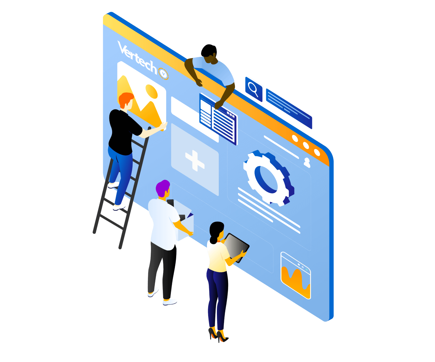 Illustration of a group of people working together to build the UI for a webpage.
