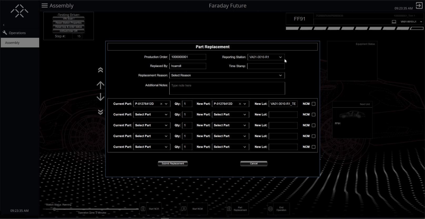 Part replacement dashboard created for Faraday Future.