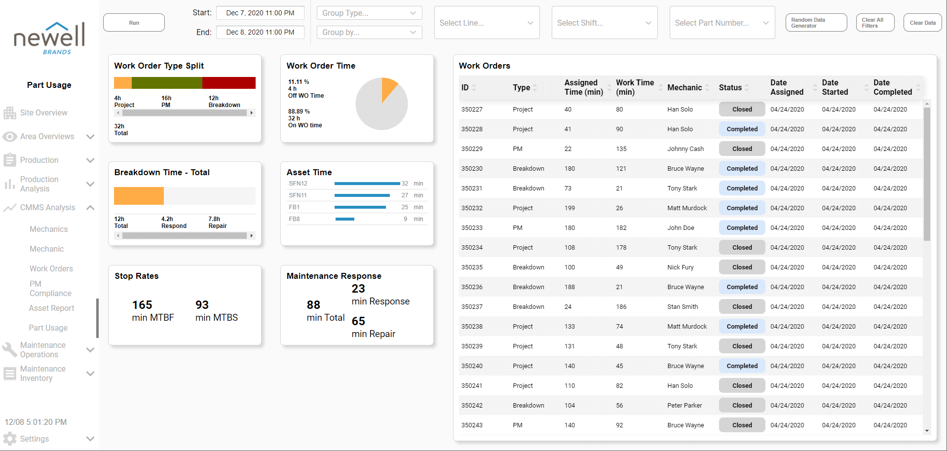 Part usage screen created for Newell Brands.