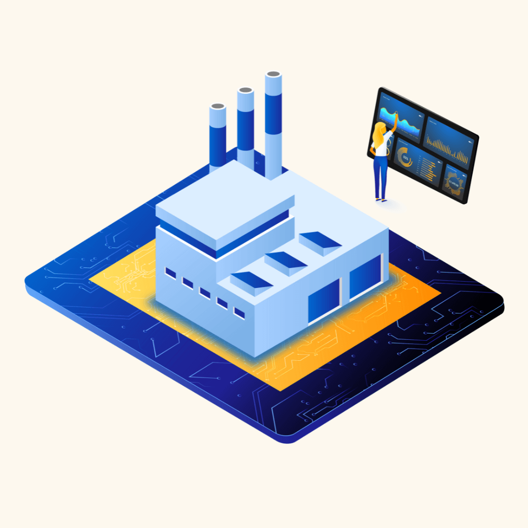 Illustration of a factory with a person looking at a life-sized control panel. 