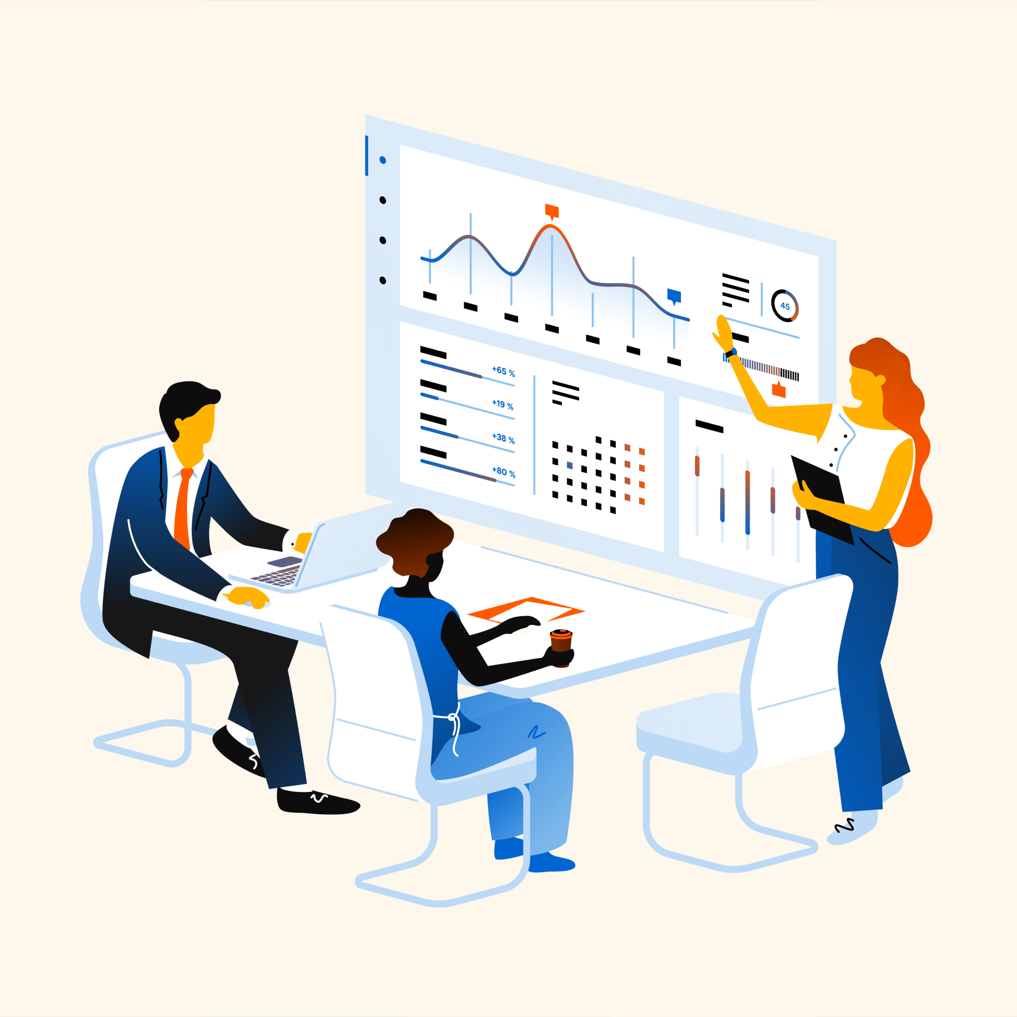 An illustration of a woman giving a presentation to two colleagues, who are sitting at a conference table.