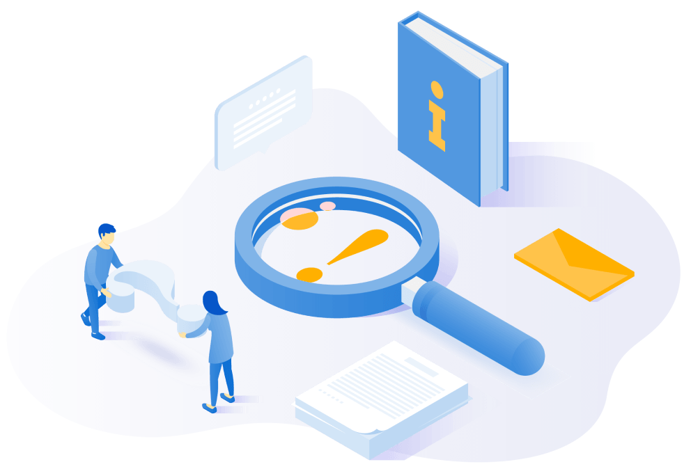 An illustration including a magnifying glass, documents, a question mark, a book, and a chat bubble.