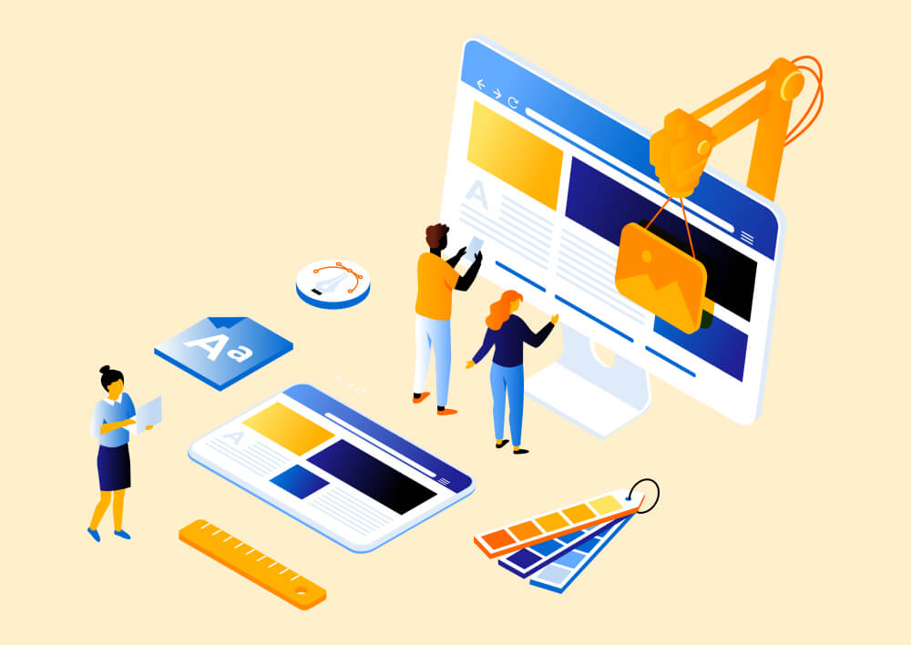 Illustration of a group of people selecting images, colors, typefaces, and more to create a webpage.