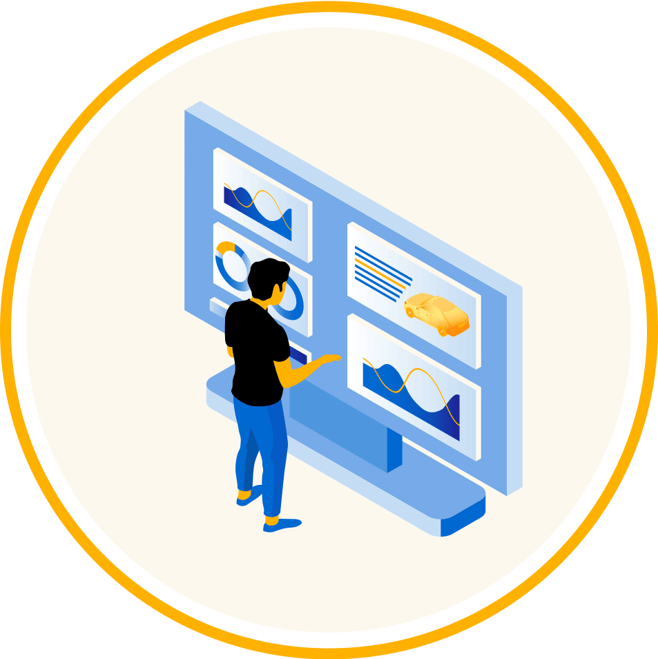 Illustration of a person looking at a large dashboard with various charts and graphs.