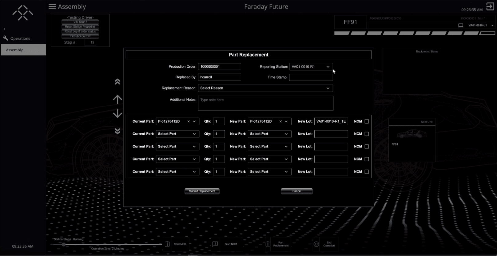 Part replacement dashboard created for Faraday Future.