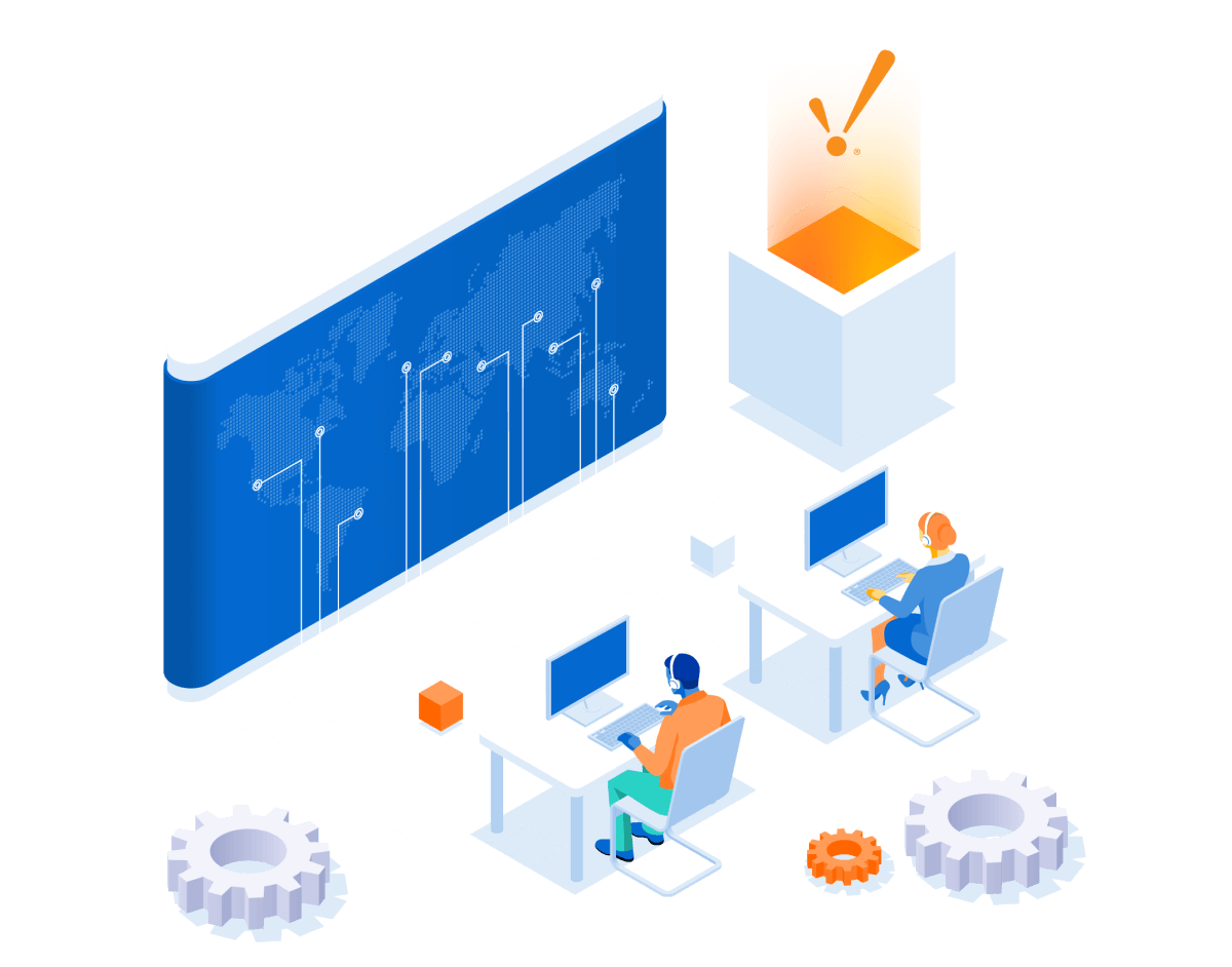 An illustration of Vertech team members working with technology to provide support for clients. 