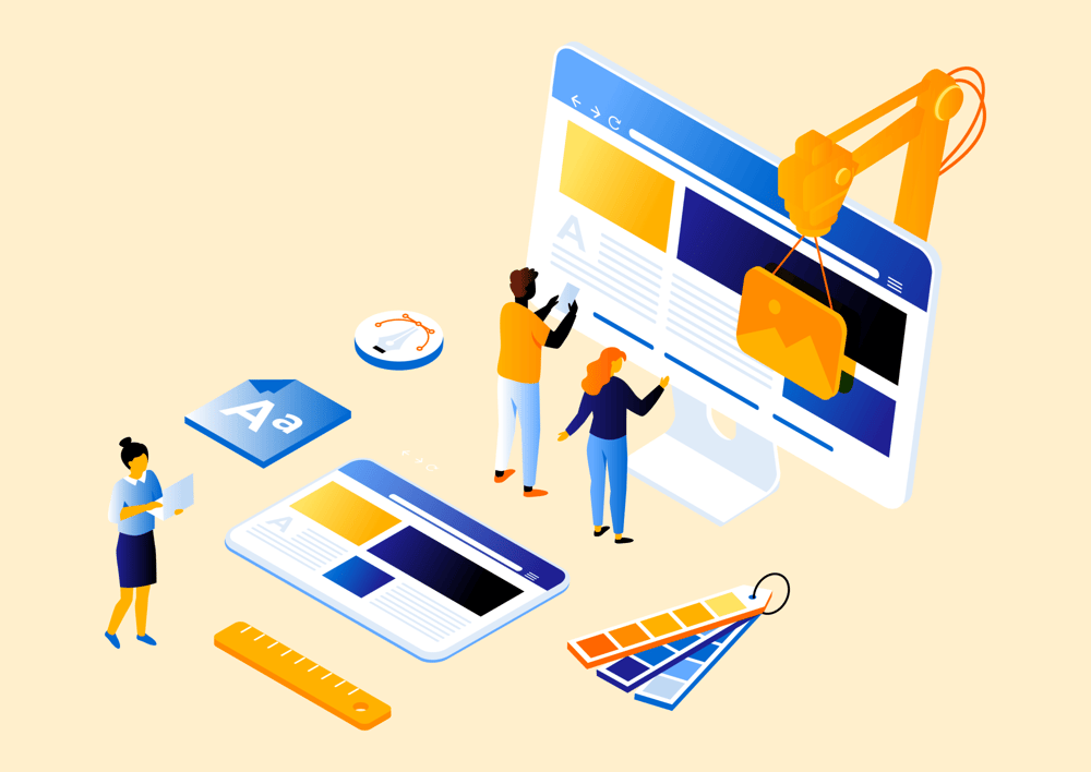 Illustration of a group of people selecting images, colors, typefaces, and more to create a webpage. 