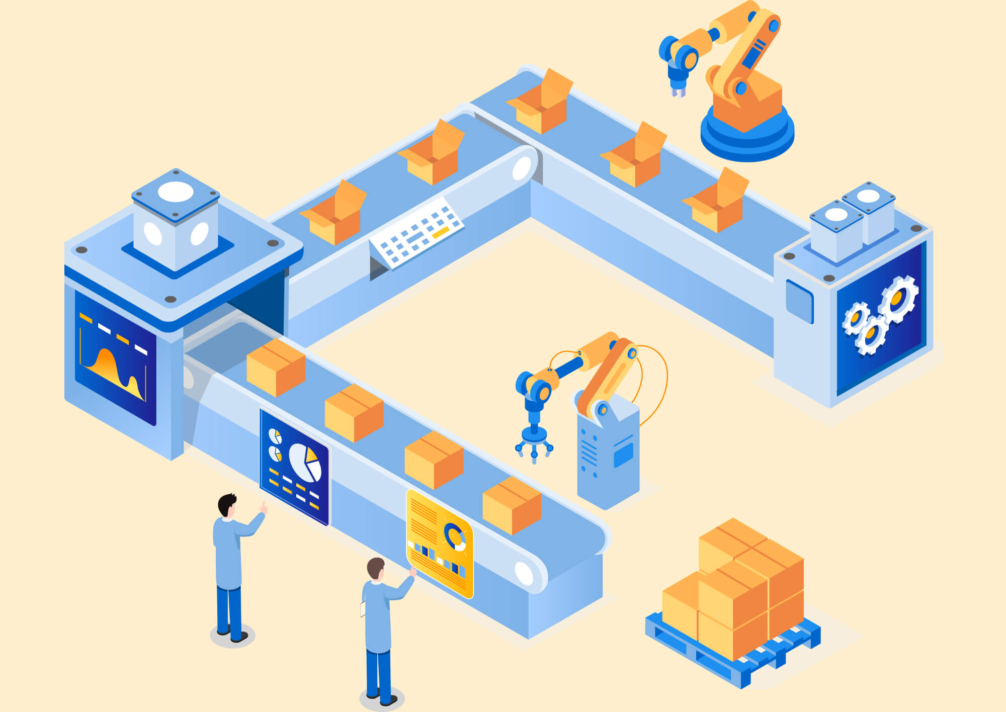 Illustration of a manufacturing plant, with various employees, charts and graphs, and robotic arms. 