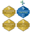 Four Sepasoft MES certification badges: OEE Downtime Gold Certified, Recipe/Changeover Certified, Track & Trace Gold Certified, and SPC Gold Certified.