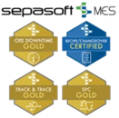 Four Sepasoft MES certification badges: OEE Downtime Gold Certified, Recipe/Changeover Certified, Track & Trace Gold Certified, and SPC Gold Certified.