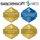 Four Sepasoft MES certification badges: OEE Downtime Gold Certified, Recipe/Changeover Certified, Track & Trace Gold Certified, and SPC Gold Certified.