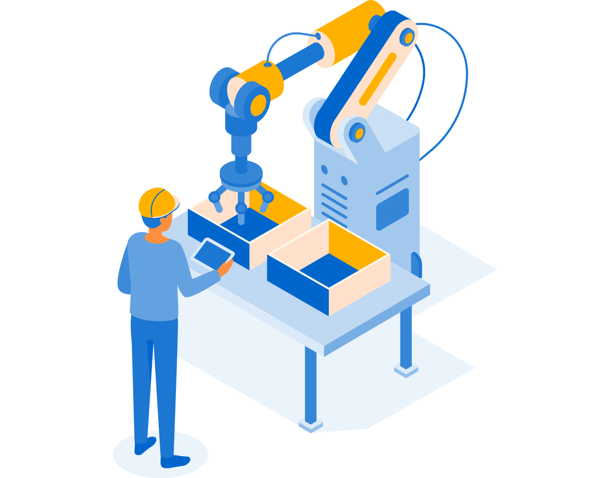 Illustration of man using a controls on the plant floor in front of a machine.